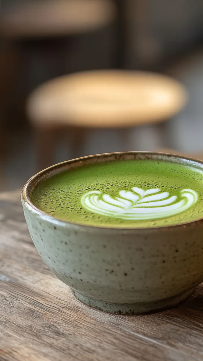 Taza de matcha latte sobre una mesa
